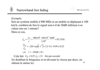 Microwaves UCL
58
Narrowband fast fading
Exemple:
Soit un système mobile à 900 MHz et un mobile se déplaçant à 100
km/h, combien de fois le signal sera-t-il de 20dB inférieur à sa
valeur rms en 1 minute?
Dans ce cas,
Hz
c
vf
f c
m 33.83
103
36001010010900
8
36
=
⋅
==
( )
1.020
25.099.01.05.2exp2
2
=−=
≅⋅⋅=−=
dBrcar
rr
f
N
m
R
π
Cela fait secondeparfois2125.0 == mR fN
En doublant la fréquence et en divisant la vitesse par deux, on
obtient le même lcr.
 
