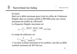Microwaves UCL
62
Narrowband fast fading
Exemple:
Quel est le débit maximum pour éviter les effets de l’étalement
Doppler dans un système mobile à 900 MHz pour une vitesse
maximum du mobile de 100 km/h?
La fréquence Doppler maximum est
Hz
c
vf
f c
m 33.83
103
36001010010900
8
36
=
⋅
==
Le temps de cohérence est
ms
f
T
m
c 15.2
33.8316
9
16
9
===
ππ
C’est donc la durée maximum d’un symbole, cela fait un débit
symbole minimum de 465 bits/sec.
 