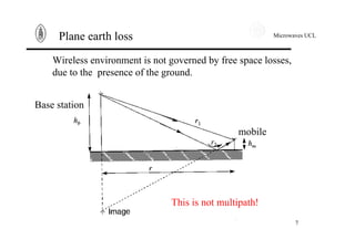Microwaves UCL
7
Plane earth loss
Wireless environment is not governed by free space losses,
due to the presence of the ground.
Base station
mobile
This is not multipath!
 
