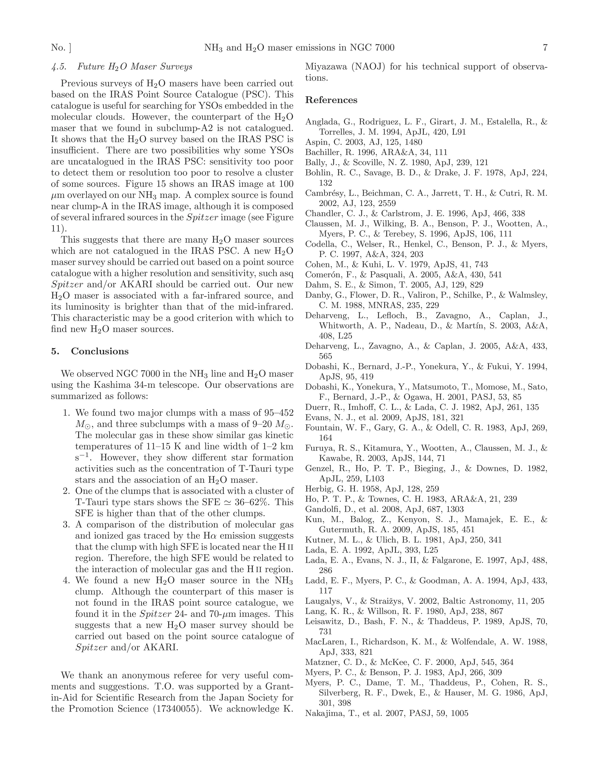 No. ]                                  NH3 and H2 O maser emissions in NGC 7000                                               7
4.5.    Future H2 O Maser Surveys                                Miyazawa (NAOJ) for his technical support of observa-
                                                                 tions.
   Previous surveys of H2 O masers have been carried out
based on the IRAS Point Source Catalogue (PSC). This
                                                                 References
catalogue is useful for searching for YSOs embedded in the
molecular clouds. However, the counterpart of the H2 O           Anglada, G., Rodriguez, L. F., Girart, J. M., Estalella, R., &
maser that we found in subclump-A2 is not catalogued.               Torrelles, J. M. 1994, ApJL, 420, L91
It shows that the H2 O survey based on the IRAS PSC is           Aspin, C. 2003, AJ, 125, 1480
insuﬃcient. There are two possibilities why some YSOs            Bachiller, R. 1996, ARA&A, 34, 111
are uncatalogued in the IRAS PSC: sensitivity too poor           Bally, J., & Scoville, N. Z. 1980, ApJ, 239, 121
to detect them or resolution too poor to resolve a cluster       Bohlin, R. C., Savage, B. D., & Drake, J. F. 1978, ApJ, 224,
of some sources. Figure 15 shows an IRAS image at 100               132
µm overlayed on our NH3 map. A complex source is found           Cambr´sy, L., Beichman, C. A., Jarrett, T. H., & Cutri, R. M.
                                                                         e
near clump-A in the IRAS image, although it is composed             2002, AJ, 123, 2559
of several infrared sources in the Spitzer image (see Figure     Chandler, C. J., & Carlstrom, J. E. 1996, ApJ, 466, 338
                                                                 Claussen, M. J., Wilking, B. A., Benson, P. J., Wootten, A.,
11).
                                                                    Myers, P. C., & Terebey, S. 1996, ApJS, 106, 111
   This suggests that there are many H2 O maser sources          Codella, C., Welser, R., Henkel, C., Benson, P. J., & Myers,
which are not catalogued in the IRAS PSC. A new H2 O                P. C. 1997, A&A, 324, 203
maser survey should be carried out based on a point source       Cohen, M., & Kuhi, L. V. 1979, ApJS, 41, 743
catalogue with a higher resolution and sensitivity, such asq     Comer´n, F., & Pasquali, A. 2005, A&A, 430, 541
                                                                        o
Spitzer and/or AKARI should be carried out. Our new              Dahm, S. E., & Simon, T. 2005, AJ, 129, 829
H2 O maser is associated with a far-infrared source, and         Danby, G., Flower, D. R., Valiron, P., Schilke, P., & Walmsley,
its luminosity is brighter than that of the mid-infrared.            C. M. 1988, MNRAS, 235, 229
This characteristic may be a good criterion with which to        Deharveng, L., Leﬂoch, B., Zavagno, A., Caplan, J.,
ﬁnd new H2 O maser sources.                                          Whitworth, A. P., Nadeau, D., & Mart´ S. 2003, A&A,
                                                                                                              ın,
                                                                     408, L25
                                                                 Deharveng, L., Zavagno, A., & Caplan, J. 2005, A&A, 433,
5.     Conclusions                                                   565
                                                                 Dobashi, K., Bernard, J.-P., Yonekura, Y., & Fukui, Y. 1994,
  We observed NGC 7000 in the NH3 line and H2 O maser                ApJS, 95, 419
using the Kashima 34-m telescope. Our observations are           Dobashi, K., Yonekura, Y., Matsumoto, T., Momose, M., Sato,
summarized as follows:                                               F., Bernard, J.-P., & Ogawa, H. 2001, PASJ, 53, 85
                                                                 Duerr, R., Imhoﬀ, C. L., & Lada, C. J. 1982, ApJ, 261, 135
     1. We found two major clumps with a mass of 95–452          Evans, N. J., et al. 2009, ApJS, 181, 321
        M⊙ , and three subclumps with a mass of 9–20 M⊙ .        Fountain, W. F., Gary, G. A., & Odell, C. R. 1983, ApJ, 269,
        The molecular gas in these show similar gas kinetic          164
        temperatures of 11–15 K and line width of 1–2 km         Furuya, R. S., Kitamura, Y., Wootten, A., Claussen, M. J., &
        s−1 . However, they show diﬀerent star formation             Kawabe, R. 2003, ApJS, 144, 71
        activities such as the concentration of T-Tauri type     Genzel, R., Ho, P. T. P., Bieging, J., & Downes, D. 1982,
        stars and the association of an H2 O maser.                  ApJL, 259, L103
     2. One of the clumps that is associated with a cluster of   Herbig, G. H. 1958, ApJ, 128, 259
        T-Tauri type stars shows the SFE ≃ 36–62%. This          Ho, P. T. P., & Townes, C. H. 1983, ARA&A, 21, 239
        SFE is higher than that of the other clumps.             Gandolﬁ, D., et al. 2008, ApJ, 687, 1303
                                                                 Kun, M., Balog, Z., Kenyon, S. J., Mamajek, E. E., &
     3. A comparison of the distribution of molecular gas            Gutermuth, R. A. 2009, ApJS, 185, 451
        and ionized gas traced by the Hα emission suggests       Kutner, M. L., & Ulich, B. L. 1981, ApJ, 250, 341
        that the clump with high SFE is located near the H II    Lada, E. A. 1992, ApJL, 393, L25
        region. Therefore, the high SFE would be related to      Lada, E. A., Evans, N. J., II, & Falgarone, E. 1997, ApJ, 488,
        the interaction of molecular gas and the H II region.        286
     4. We found a new H2 O maser source in the NH3              Ladd, E. F., Myers, P. C., & Goodman, A. A. 1994, ApJ, 433,
        clump. Although the counterpart of this maser is             117
        not found in the IRAS point source catalogue, we         Laugalys, V., & Straiˇys, V. 2002, Baltic Astronomy, 11, 205
                                                                                        z
        found it in the Spitzer 24- and 70-µm images. This       Lang, K. R., & Willson, R. F. 1980, ApJ, 238, 867
        suggests that a new H2 O maser survey should be          Leisawitz, D., Bash, F. N., & Thaddeus, P. 1989, ApJS, 70,
                                                                     731
        carried out based on the point source catalogue of
                                                                 MacLaren, I., Richardson, K. M., & Wolfendale, A. W. 1988,
        Spitzer and/or AKARI.                                        ApJ, 333, 821
                                                                 Matzner, C. D., & McKee, C. F. 2000, ApJ, 545, 364
   We thank an anonymous referee for very useful com-            Myers, P. C., & Benson, P. J. 1983, ApJ, 266, 309
ments and suggestions. T.O. was supported by a Grant-            Myers, P. C., Dame, T. M., Thaddeus, P., Cohen, R. S.,
                                                                     Silverberg, R. F., Dwek, E., & Hauser, M. G. 1986, ApJ,
in-Aid for Scientiﬁc Research from the Japan Society for
                                                                     301, 398
the Promotion Science (17340055). We acknowledge K.              Nakajima, T., et al. 2007, PASJ, 59, 1005
 