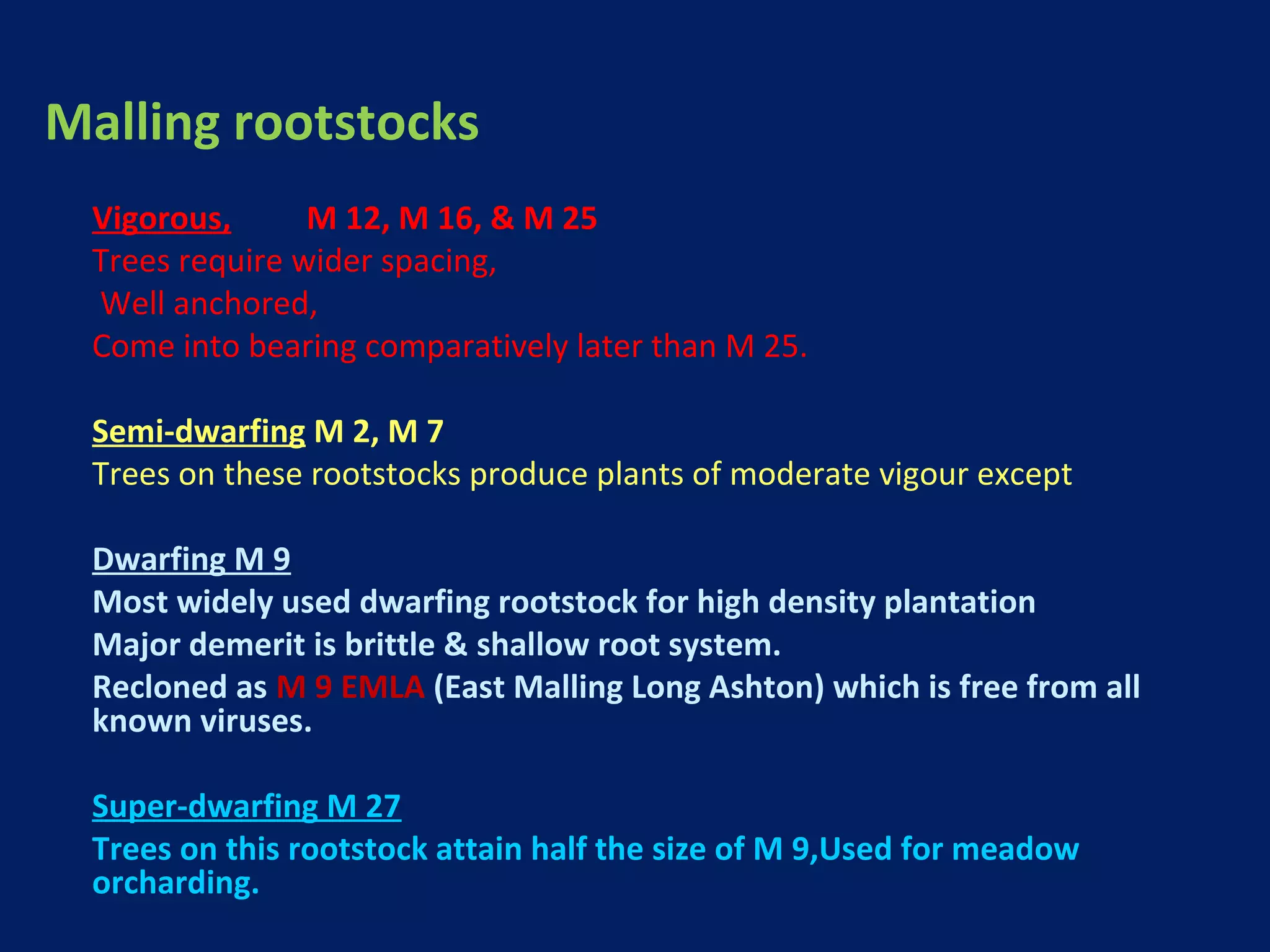 Malling rootstocks
Vigorous, M 12, M 16, & M 25
Trees require wider spacing,
Well anchored,
Come into bearing comparatively later than M 25.
Semi-dwarfing M 2, M 7
Trees on these rootstocks produce plants of moderate vigour except
Dwarfing M 9
Most widely used dwarfing rootstock for high density plantation
Major demerit is brittle & shallow root system.
Recloned as M 9 EMLA (East Malling Long Ashton) which is free from all
known viruses.
Super-dwarfing M 27
Trees on this rootstock attain half the size of M 9,Used for meadow
orcharding.
 