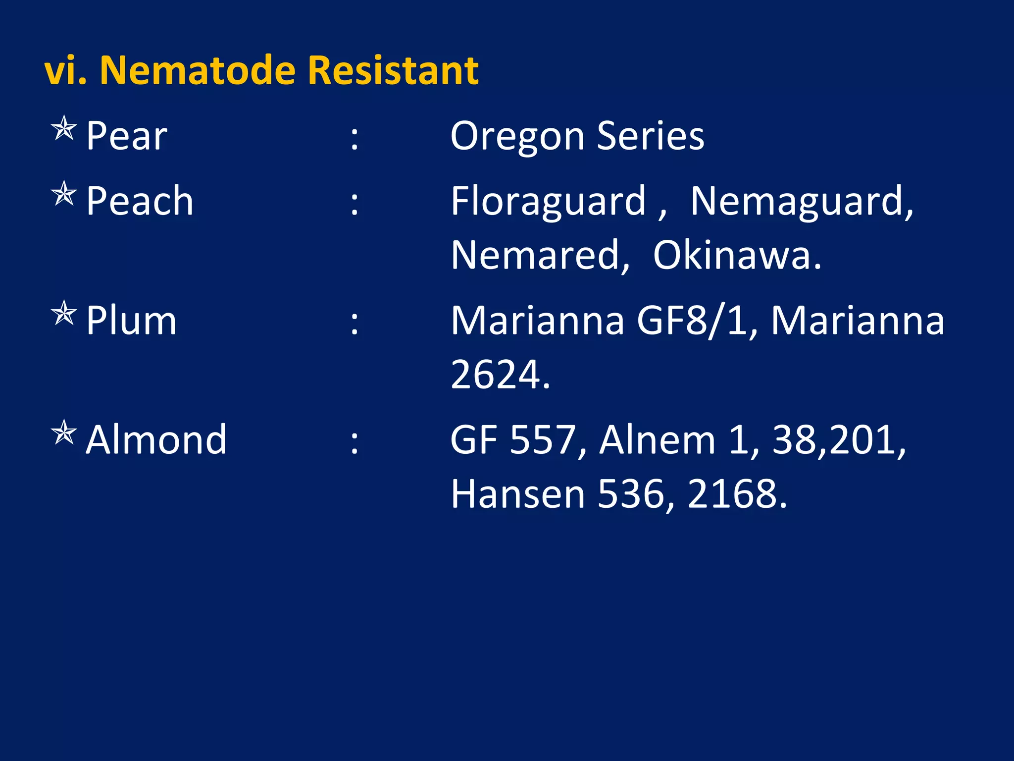 vi. Nematode Resistant
Pear : Oregon Series
Peach : Floraguard , Nemaguard,
Nemared, Okinawa.
Plum : Marianna GF8/1, Marianna
2624.
Almond : GF 557, Alnem 1, 38,201,
Hansen 536, 2168.
 