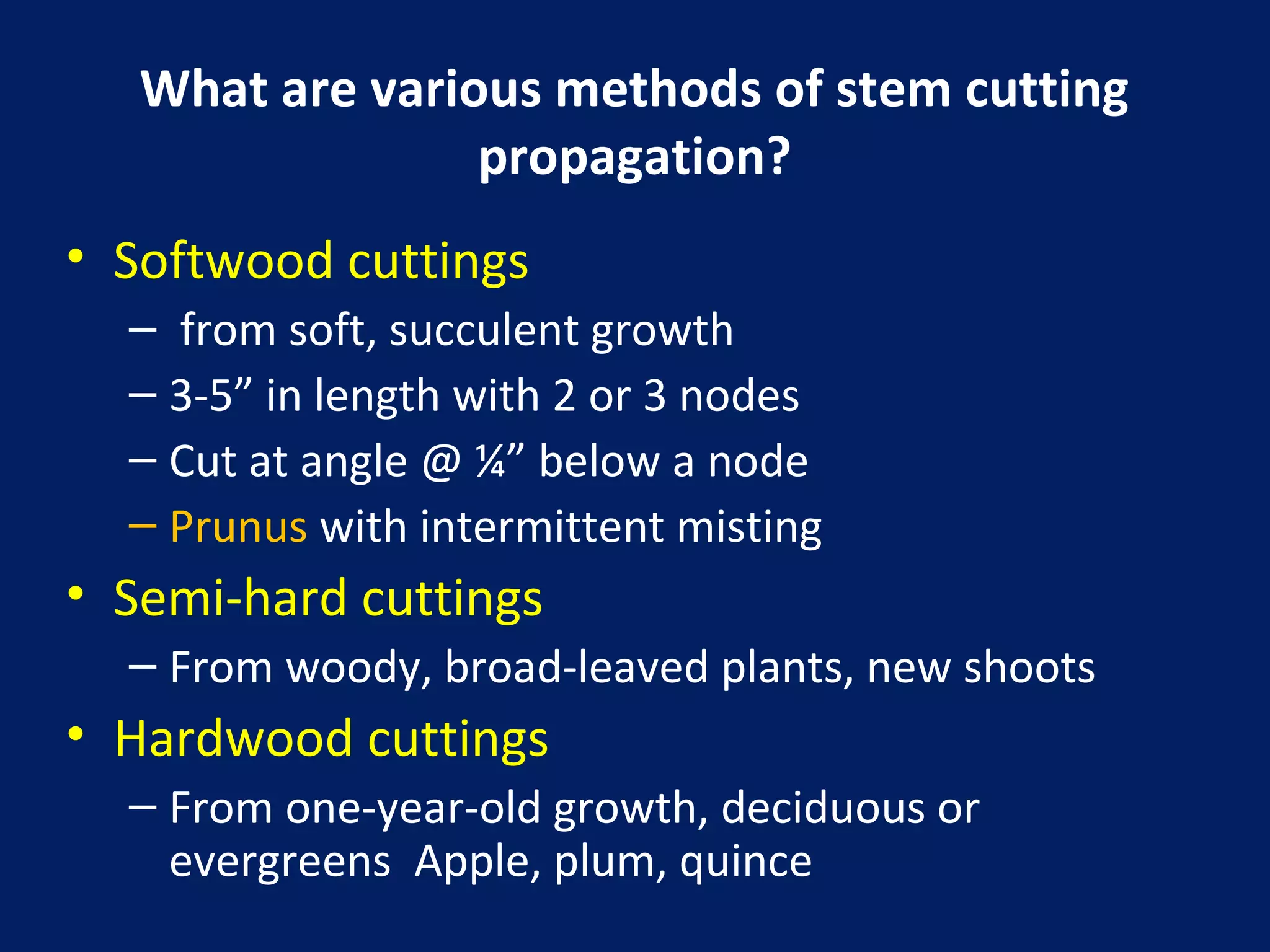 What are various methods of stem cutting
propagation?
• Softwood cuttings
– from soft, succulent growth
– 3-5” in length with 2 or 3 nodes
– Cut at angle @ ¼” below a node
– Prunus with intermittent misting
• Semi-hard cuttings
– From woody, broad-leaved plants, new shoots
• Hardwood cuttings
– From one-year-old growth, deciduous or
evergreens Apple, plum, quince
 
