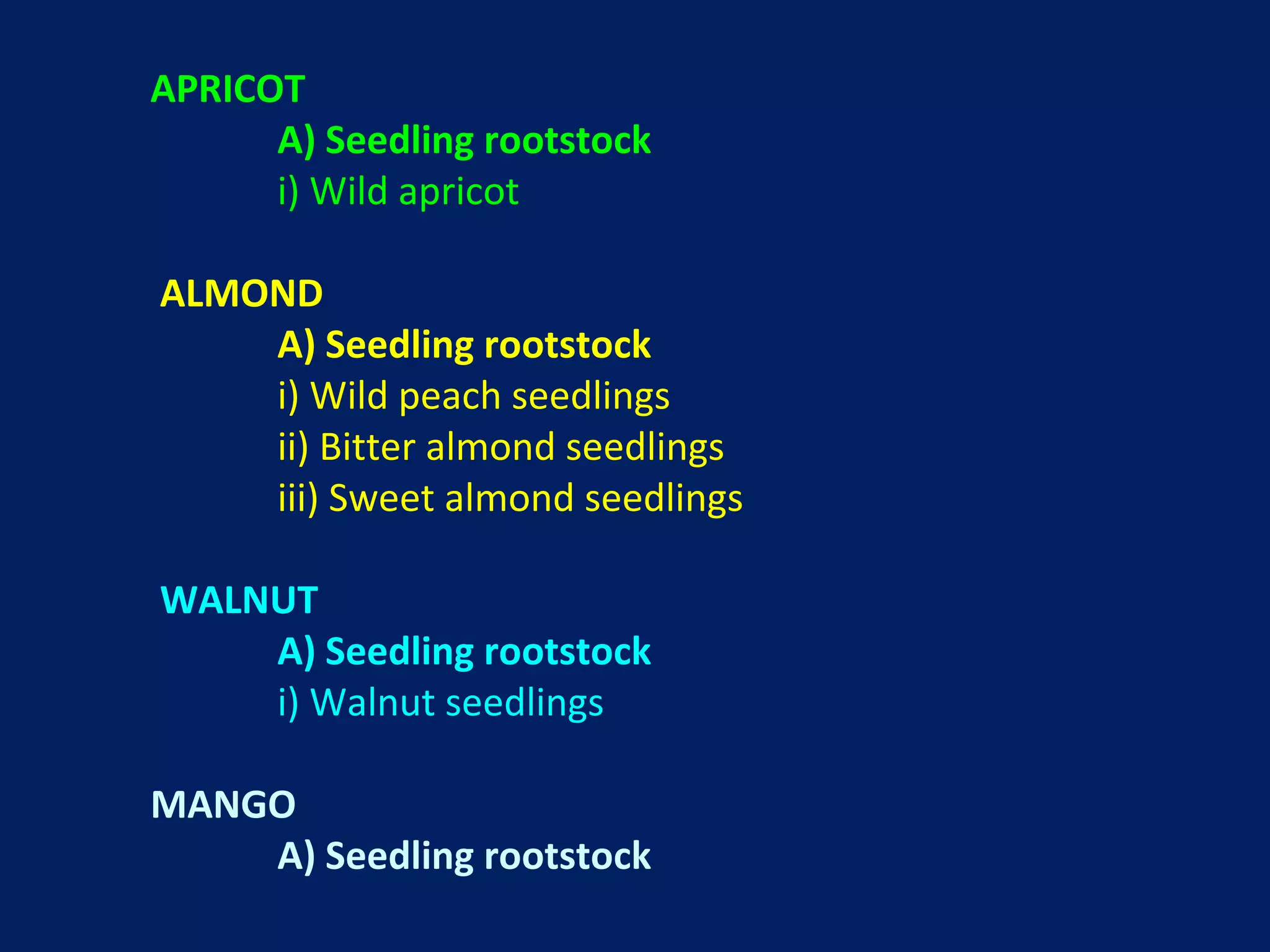 APRICOT
A) Seedling rootstock
i) Wild apricot
ALMOND
A) Seedling rootstock
i) Wild peach seedlings
ii) Bitter almond seedlings
iii) Sweet almond seedlings
WALNUT
A) Seedling rootstock
i) Walnut seedlings
MANGO
A) Seedling rootstock
 