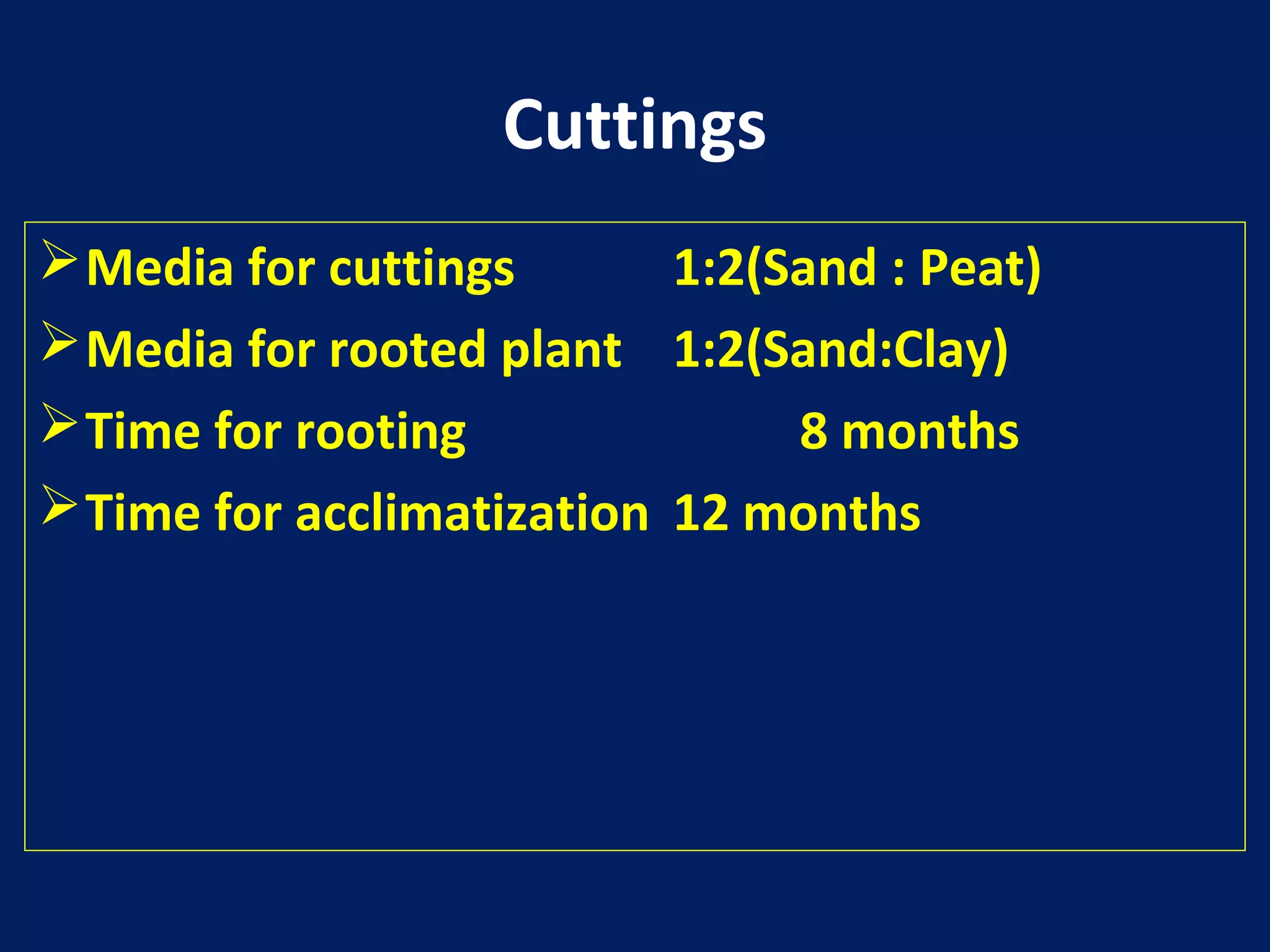 Cuttings
Media for cuttings 1:2(Sand : Peat)
Media for rooted plant 1:2(Sand:Clay)
Time for rooting 8 months
Time for acclimatization 12 months
 