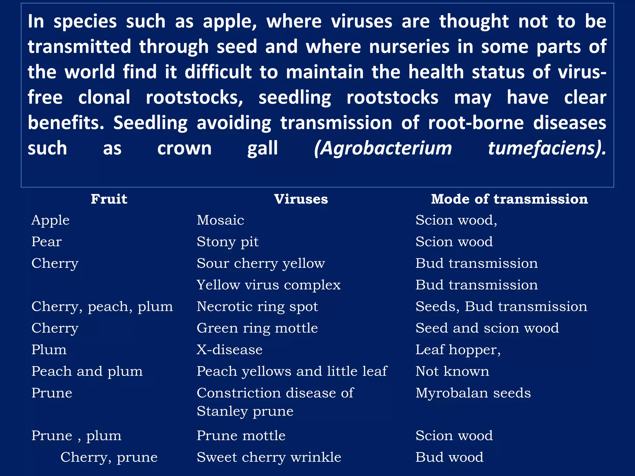 In species such as apple, where viruses are thought not to be
transmitted through seed and where nurseries in some parts of
the world find it difficult to maintain the health status of virus-
free clonal rootstocks, seedling rootstocks may have clear
benefits. Seedling avoiding transmission of root-borne diseases
such as crown gall (Agrobacterium tumefaciens).
Fruit Viruses Mode of transmission
Apple Mosaic Scion wood,
Pear Stony pit Scion wood
Cherry Sour cherry yellow Bud transmission
Yellow virus complex Bud transmission
Cherry, peach, plum Necrotic ring spot Seeds, Bud transmission
Cherry Green ring mottle Seed and scion wood
Plum X-disease Leaf hopper,
Peach and plum Peach yellows and little leaf Not known
Prune Constriction disease of
Stanley prune
Myrobalan seeds
Prune , plum Prune mottle Scion wood
Cherry, prune Sweet cherry wrinkle Bud wood
 