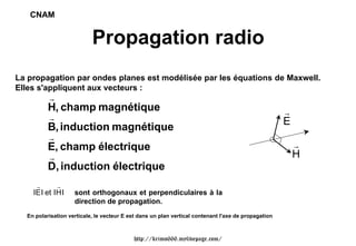 CNAM


                           Propagation radio
La propagation par ondes planes est modélisée par les équations de Maxwell.
Elles s'appliquent aux vecteurs :
          r
          H, champ magnétique                                                                        r
          r                                                                                          E
          B, induction magnétique
          r
          E, champ électrique                                                                            r
          r                                                                                              H
          D, induction électrique
     r        r
    IE I et I H I   sont orthogonaux et perpendiculaires à la
                    direction de propagation.
  En polarisation verticale, le vecteur E est dans un plan vertical contenant l'axe de propagation



                                           http://krimo666.mylivepage.com/
 