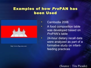 Examples of how ProPAN has
            been Used

                           •   Cambodia 2006
                           •   A food composition table
                               was developed based on
                               ProPAN’s table
                           •   24-hour dietary recall data
                               were analyzed as part of a
http://www.flag-zone.com       formative study on infant-
                               feeding practices




                                        (Source : Tita Picado)
 