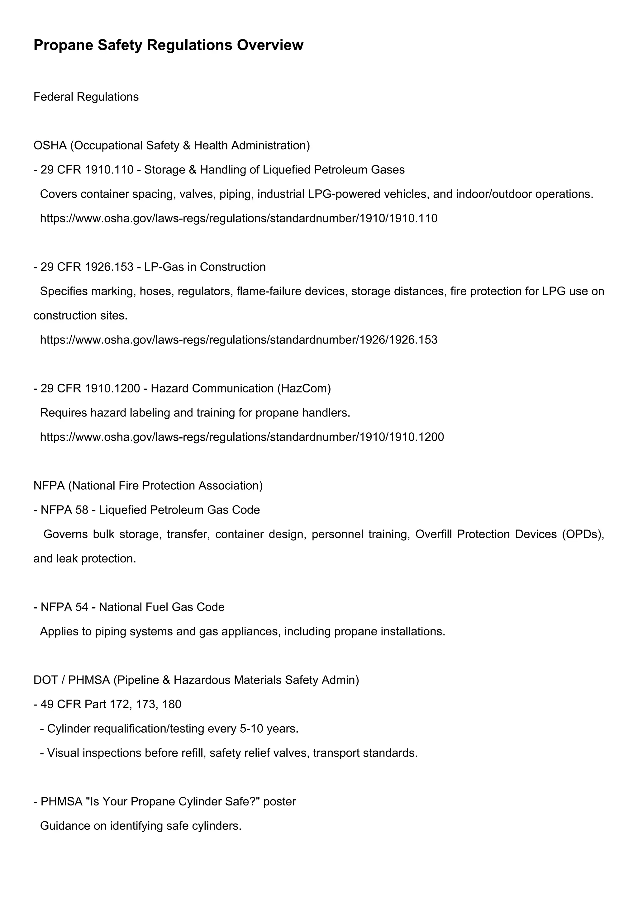 Propane Safety Regulations Overview Including Hyperlinks | PDF