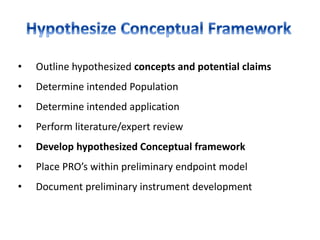 • Outline hypothesized concepts and potential claims
• Determine intended Population
• Determine intended application
• Perform literature/expert review
• Develop hypothesized Conceptual framework
• Place PRO’s within preliminary endpoint model
• Document preliminary instrument development
 