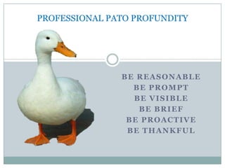 PROFESSIONAL PATO PROFUNDITY BE REASONABLE BE PROMPT BE VISIBLE BE BRIEF BE PROACTIVE BE THANKFUL 