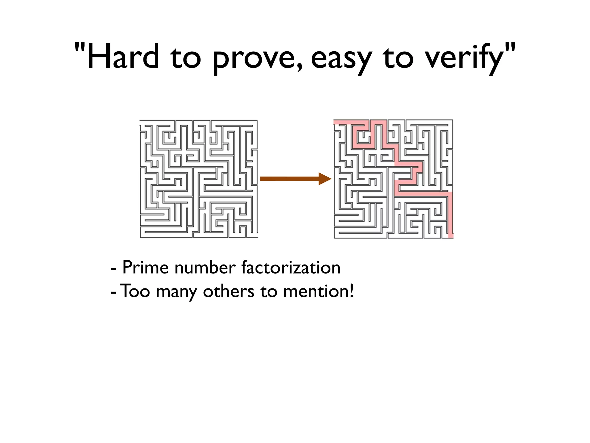 "Hard to prove, easy to verify"
- Prime number factorization
-Too many others to mention!
 