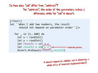 [<Test>]
let ``When I add two numbers, the result
should not depend on parameter order``()=
for _ in [1..100] do
let x = randInt()
let y = randInt()
let result1 = add x y
let result2 = add y x
Assert.AreEqual(result1,result2)
reversed params
So how does "add" differ from "subtract"?
For "subtract", the order of the parameters makes a
difference, while for "add" it doesn't.
 