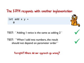 let add x y =
0
The EDFH responds with another implementation:

TEST: ``When I add two numbers, the result
should not depend on parameter order``
TEST: ``Adding 1 twice is the same as adding 2``

Aarrghh! Where did our approach go wrong?
 