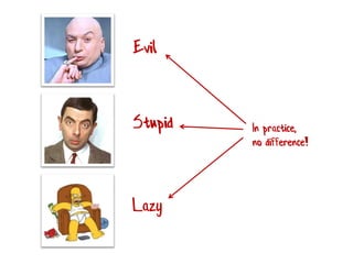 Evil
Stupid
Lazy
In practice,
no difference!
 