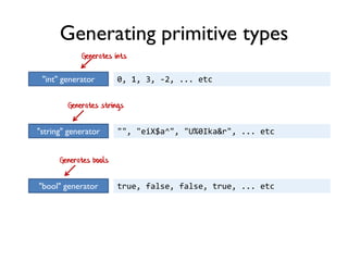 Generates ints
"int" generator 0, 1, 3, -2, ... etc
Generates strings
"string" generator "", "eiX$a^", "U%0Ika&r", ... etc
"bool" generator true, false, false, true, ... etc
Generating primitive types
Generates bools
 