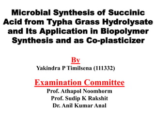 Microbial Synthesis of Succinic
Acid from Typha Grass Hydrolysate
 and Its Application in Biopolymer
  Synthesis and as Co-plasticizer

                   By
       Yakindra P Timilsena (111332)

       Examination Committee
          Prof. Athapol Noomhorm
           Prof. Sudip K Rakshit
            Dr. Anil Kumar Anal
 