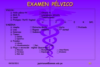 EXAMEN PÉLVICO
VULVA:
      Vello púbico N.               Clítoris N.
      BUS N.                        Leucoplasia introito
      Senil                         Tumoraciones:
      Prolapso: Perfil Vaginal: …….. …….. …….. …….. …….. ……..
                                      U             C     H    E       R      DPC.
VAGINA:
      Amplia              Estrecha Media            Corta         Profunda
      Lisa                Rugosa Caliente           Tº normal
      Dolorosa            Indolora
      Tumor:
          Sólido
          Quístico
    Fondos:
          Libres
          Abombamiento:     Der.             Izq.
    Flujo o secreción vaginal (leucorrea):
          Mucoso                   Blanquecino      Amarillento
          Verdoso                  Espumoso         Grumoso
          Mal olor




 04/03/2011                    jquintanam@unmsm.edu.pe                        51
 