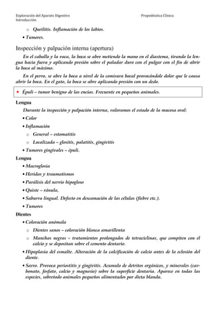 Exploración del Aparato Digestivo
Introducción
Propedéutica Clínica
o Queilitis. Inflamación de los labios.
• Tumores.
Inspección y palpación interna (apertura)
En el caballo y la vaca, la boca se abre metiendo la mano en el diastema, tirando la len-
gua hacia fuera y aplicando presión sobre el paladar duro con el pulgar con el fin de abrir
la boca al máximo.
En el perro, se abre la boca a nivel de la comisura bocal provocándole dolor que le causa
abrir la boca. En el gato, la boca se abre aplicando presión con un dedo.
Épuli – tumor benigno de las encías. Frecuente en pequeños animales.
Lengua
Durante la inspección y palpación interna, valoramos el estado de la mucosa oral:
• Color
• Inflamación
o General – estomatitis
o Localizada – glositis, palatitis, gingivitis
• Tumores gingivales – épuli.
Lengua
• Macroglosia
• Heridas y traumatismos
• Parálisis del nervio hipogloso
• Quiste – ránula,
• Saburra lingual. Defecto en descamación de las células (fiebre etc.).
• Tumores
Dientes
• Coloración anómala
o Dientes sanos – coloración blanca amarillenta
o Manchas negras – tratamientos prolongados de tetraciclinas, que compiten con el
calcio y se depositan sobre el cemento dentario.
• Hipoplasia del esmalte. Alteración de la calcificación de calcio antes de la eclosión del
diente.
• Sarro. Provoca periostitis y gingivitis. Acumulo de detritos orgánicos, y minerales (car-
bonato, fosfato, calcio y magnesio) sobre la superficie dentaria. Aparece en todas las
especies, sobretodo animales pequeños alimentados por dieta blanda.
 