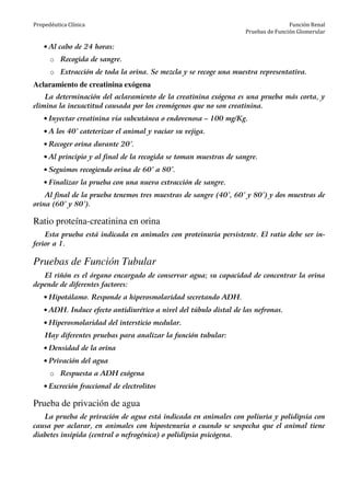 Propedéutica Clínica Función Renal
Pruebas de Función Glomerular
• Al cabo de 24 horas:
o Recogida de sangre.
o Extracción de toda la orina. Se mezcla y se recoge una muestra representativa.
Aclaramiento de creatinina exógena
La determinación del aclaramiento de la creatinina exógena es una prueba más corta, y
elimina la inexactitud causada por los cromógenos que no son creatinina.
• Inyectar creatinina vía subcutánea o endovenosa – 100 mg/Kg.
• A los 40’ cateterizar el animal y vaciar su vejiga.
• Recoger orina durante 20’.
• Al principio y al final de la recogida se toman muestras de sangre.
• Seguimos recogiendo orina de 60’ a 80’.
• Finalizar la prueba con una nueva extracción de sangre.
Al final de la prueba tenemos tres muestras de sangre (40’, 60’ y 80’) y dos muestras de
orina (60’ y 80’).
Ratio proteína-creatinina en orina
Esta prueba está indicada en animales con proteinuria persistente. El ratio debe ser in-
ferior a 1.
Pruebas de Función Tubular
El riñón es el órgano encargado de conservar agua; su capacidad de concentrar la orina
depende de diferentes factores:
• Hipotálamo. Responde a hiperosmolaridad secretando ADH.
• ADH. Induce efecto antidiurético a nivel del túbulo distal de las nefronas.
• Hiperosmolaridad del intersticio medular.
Hay diferentes pruebas para analizar la función tubular:
• Densidad de la orina
• Privación del agua
o Respuesta a ADH exógena
• Excreción fraccional de electrolitos
Prueba de privación de agua
La prueba de privación de agua está indicada en animales con poliuria y polidipsia con
causa por aclarar, en animales con hipostenuria o cuando se sospecha que el animal tiene
diabetes insípida (central o nefrogénica) o polidipsia psicógena.
 
