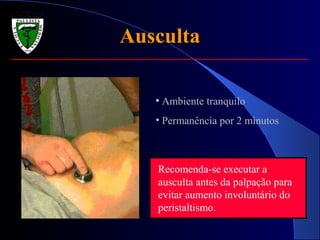 AuscultaAusculta
Recomenda-se executar a
ausculta antes da palpação para
evitar aumento involuntário do
peristaltismo.
• Ambiente tranquilo
• Permanência por 2 minutos
 