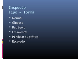 Inspeção 
Tipo – forma 
 Normal 
 Globoso 
 Batráquio 
 Em avental 
 Pendular ou ptótico 
 Escavado 
 