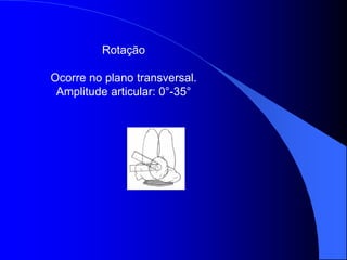 Rotação
Ocorre no plano transversal.
Amplitude articular: 0°-35°
 