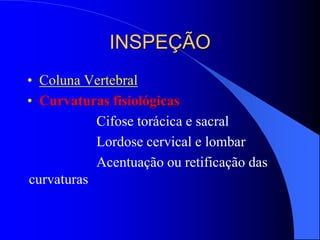 INSPEÇÃO
• Coluna Vertebral
• Curvaturas fisiológicas
Cifose torácica e sacral
Lordose cervical e lombar
Acentuação ou retificação das
curvaturas
 