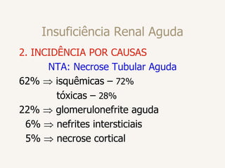 Insuficiência Renal Aguda
2. INCIDÊNCIA POR CAUSAS
NTA: Necrose Tubular Aguda
62%  isquêmicas – 72%
tóxicas – 28%
22%  glomerulonefrite aguda
6%  nefrites intersticiais
5%  necrose cortical
 
