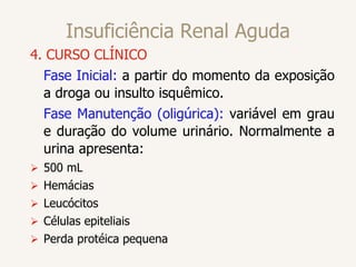 Insuficiência Renal Aguda
4. CURSO CLÍNICO
Fase Inicial: a partir do momento da exposição
a droga ou insulto isquêmico.
Fase Manutenção (oligúrica): variável em grau
e duração do volume urinário. Normalmente a
urina apresenta:
 500 mL
 Hemácias
 Leucócitos
 Células epiteliais
 Perda protéica pequena
 
