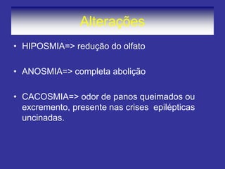 Alterações
• HIPOSMIA=> redução do olfato
• ANOSMIA=> completa abolição
• CACOSMIA=> odor de panos queimados ou
excremento, presente nas crises epilépticas
uncinadas.
 
