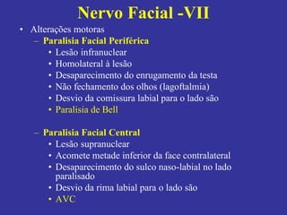 • Alterações motoras
– Paralisia Facial Periférica
• Lesão infranuclear
• Homolateral à lesão
• Desaparecimento do enrugamento da testa
• Não fechamento dos olhos (lagoftalmia)
• Desvio da comissura labial para o lado são
• Paralisia de Bell
– Paralisia Facial Central
• Lesão supranuclear
• Acomete metade inferior da face contralateral
• Desaparecimento do sulco naso-labial no lado
paralisado
• Desvio da rima labial para o lado são
• AVC
Nervo Facial -VII
 
