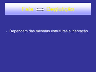 Fala Deglutição
 Dependem das mesmas estruturas e inervação
 