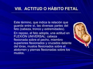 VIII. ACTITUD O HÁBITO FETAL
Este término, que indica la relación que
guarda entre sí, las diversas partes del
feto (cabeza, tronco y extremidades).
En reposo, el feto adopta, una actitud en
FLEXIÓN UNIVERSAL: cabeza
flexionada sobre el pecho, miembro
superiores flexionados y cruzados delante
del tórax, muslos flexionados sobre el
abdomen y piernas flexionadas sobre los
muslos.
 
