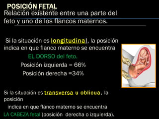 Relación existente entre una parte del
feto y uno de los flancos maternos.
Si la situación es longitudinal, la posición
indica en que flanco materno se encuentra
EL DORSO del feto.
Posición izquierda = 66%
Posición derecha =34%
Si la situación es transversa u oblicua, la
posición
indica en que flanco materno se encuentra
LA CABEZA fetal (posición derecha o izquierda).
 