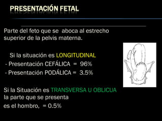 Parte del feto que se aboca al estrecho
superior de la pelvis materna.
Si la situación es LONGITUDINAL
- Presentación CEFÁLICA = 96%
- Presentación PODÁLICA = 3.5%
Si la Situación es TRANSVERSA U OBLICUA
la parte que se presenta
es el hombro, = 0.5%
 