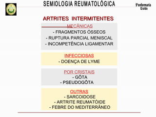 ARTRITES INTERMITENTES
MECÂNICAS
- FRAGMENTOS ÓSSEOS
- RUPTURA PARCIAL MENISCAL
- INCOMPETÊNCIA LIGAMENTAR
INFECCIOSAS
- DOENÇA DE LYME
POR CRISTAIS
- GÔTA
- PSEUDOGÔTA
OUTRAS
- SARCOIDOSE
- ARTRITE REUMATÓIDE
- FEBRE DO MEDITERRÂNEO

 