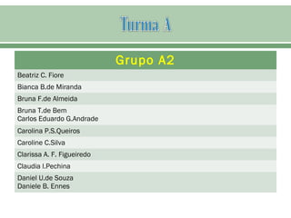 Grupo A2
Beatriz C. Fiore
Bianca B.de Miranda
Bruna F.de Almeida
Bruna T.de Bem
Carlos Eduardo G.Andrade
Carolina P.S.Queiros
Caroline C.Silva
Clarissa A. F. Figueiredo
Claudia l.Pechina
Daniel U.de Souza
Daniele B. Ennes
 