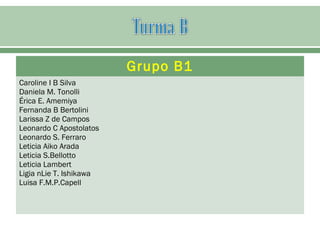 Grupo B1
Caroline I B Silva
Daniela M. Tonolli
Érica E. Amemiya
Fernanda B Bertolini
Larissa Z de Campos
Leonardo C Apostolatos
Leonardo S. Ferraro
Leticia Aiko Arada
Leticia S.Bellotto
Leticia Lambert
Ligia nLie T. Ishikawa
Luisa F.M.P.Capell
 