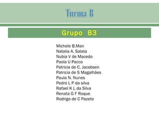 Grupo B3
Michele B.Man
Natalia A. Salata
Nubia V de Macedo
Paola U Pacco
Patricia de C. Jacobsen
Patricia de S Magalhães
Paula N. Nunes
Pedro L P da silva
Rafael K L da Silva
Renata G F Roque
Rodrigo de C Pazeto
 