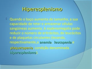 HHiippeerreesspplleenniissmmoo 
 Quando o baço aumenta de tamanho, a sua 
capacidade de reter e armazenar células 
sangüíneas aumenta. A esplenomegalia pode 
reduzir o número de eritrócitos, de leucócitos 
e de plaquetas circulantes (levando, 
respectivamente,a aanneemmiiaa, lleeuuccooppeenniiaa e 
ppllaaqquueettooppeenniiaa, condição denominada 
hhiippeerreesspplleenniissmmoo). 
 