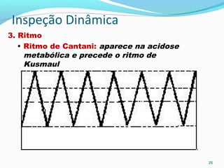 Inspeção Dinâmica
3. Ritmo
• Ritmo de Cantani: aparece na acidose
metabólica e precede o ritmo de
Kusmaul
26
 