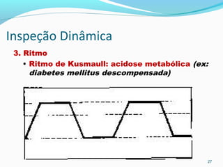 Inspeção Dinâmica
3. Ritmo
• Ritmo de Kusmaull: acidose metabólica (ex:
diabetes mellitus descompensada)
27
 