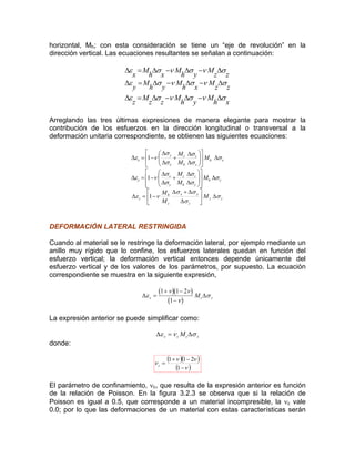horizontal, Mh; con esta consideración se tiene un “eje de revolución” en la
dirección vertical. Las ecuaciones resultantes se señalan a continuación:
xh
M
yh
M
zz
M
z
σνσνσε ∆−∆−∆=∆
zz
M
xh
M
yh
M
y
σνσνσε ∆−∆−∆=∆
zz
M
yh
M
xh
M
x
σνσνσε ∆−∆−∆=∆
Arreglando las tres últimas expresiones de manera elegante para mostrar la
contribución de los esfuerzos en la dirección longitudinal o transversal a la
deformación unitaria correspondiente, se obtienen las siguientes ecuaciones:
zz
z
yx
z
h
z M
M
M
σ
σ
σσ
νε ∆⎥
⎦
⎤
⎢
⎣
⎡
∆
∆+∆
−=∆ 1
yh
y
z
h
z
y
x
y M
M
M
σ
σ
σ
σ
σ
νε ∆
⎥
⎥
⎦
⎤
⎢
⎢
⎣
⎡
⎟
⎟
⎠
⎞
⎜
⎜
⎝
⎛
∆
∆
+
∆
∆
−=∆ 1
xh
x
z
h
z
x
y
x M
M
M
σ
σ
σ
σ
σ
νε ∆⎥
⎦
⎤
⎢
⎣
⎡
⎟⎟
⎠
⎞
⎜⎜
⎝
⎛
∆
∆
+
∆
∆
−=∆ 1
DEFORMACIÓN LATERAL RESTRINGIDA
Cuando al material se le restringe la deformación lateral, por ejemplo mediante un
anillo muy rígido que lo confine, los esfuerzos laterales quedan en función del
esfuerzo vertical; la deformación vertical entonces depende únicamente del
esfuerzo vertical y de los valores de los parámetros, por supuesto. La ecuación
correspondiente se muestra en la siguiente expresión,
( )( )
( )
∆ ∆ε
ν ν
ν
σz zM=
+ −
−
1 1 2
1
z
La expresión anterior se puede simplificar como:
∆ ∆ε ν σz c zM z=
donde:
( )( )
( )ν
νν
ν
−
−+
=
1
211
c
El parámetro de confinamiento, νc, que resulta de la expresión anterior es función
de la relación de Poisson. En la figura 3.2.3 se observa que si la relación de
Poisson es igual a 0.5, que corresponde a un material incompresible, la νc vale
0.0; por lo que las deformaciones de un material con estas características serán
 