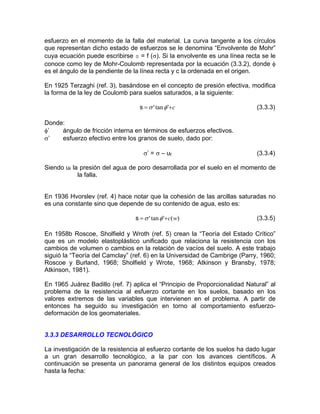 esfuerzo en el momento de la falla del material. La curva tangente a los círculos
que representan dicho estado de esfuerzos se le denomina “Envolvente de Mohr”
cuya ecuación puede escribirse s = f (σ). Si la envolvente es una línea recta se le
conoce como ley de Mohr-Coulomb representada por la ecuación (3.3.2), donde φ
es el ángulo de la pendiente de la línea recta y c la ordenada en el origen.
En 1925 Terzaghi (ref. 3), basándose en el concepto de presión efectiva, modifica
la forma de la ley de Coulomb para suelos saturados, a la siguiente:
c+= 'tan' φσs (3.3.3)
Donde:
φ’ ángulo de fricción interna en términos de esfuerzos efectivos.
σ’ esfuerzo efectivo entre los granos de suelo, dado por:
σ’ = σ – uf (3.3.4)
Siendo uf la presión del agua de poro desarrollada por el suelo en el momento de
la falla.
En 1936 Hvorslev (ref. 4) hace notar que la cohesión de las arcillas saturadas no
es una constante sino que depende de su contenido de agua, esto es:
)('tan' wc+= φσs (3.3.5)
En 1958b Roscoe, Sholfield y Wroth (ref. 5) crean la “Teoría del Estado Crítico”
que es un modelo elastoplástico unificado que relaciona la resistencia con los
cambios de volumen o cambios en la relación de vacíos del suelo. A este trabajo
siguió la “Teoría del Camclay” (ref. 6) en la Universidad de Cambrige (Parry, 1960;
Roscoe y Burland, 1968; Sholfield y Wrote, 1968; Atkinson y Bransby, 1978;
Atkinson, 1981).
En 1965 Juárez Badillo (ref. 7) aplica el “Principio de Proporcionalidad Natural” al
problema de la resistencia al esfuerzo cortante en los suelos, basado en los
valores extremos de las variables que intervienen en el problema. A partir de
entonces ha seguido su investigación en torno al comportamiento esfuerzo-
deformación de los geomateriales.
3.3.3 DESARROLLO TECNOLÓGICO
La investigación de la resistencia al esfuerzo cortante de los suelos ha dado lugar
a un gran desarrollo tecnológico, a la par con los avances científicos. A
continuación se presenta un panorama general de los distintos equipos creados
hasta la fecha:
 