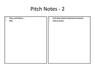Pitch Notes - 2
• Story, and History …
• FAQ
• Perk Ideas (what’s important to donors)
• Calls to Action
 