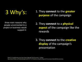 3 Why’s: 1. They connect to the greater
purpose of the campaign
2. They connect to a physical
aspect of the campaign like the
rewards
3. They connect to the creative
display of the campaign’s
presentation
three main reasons why
people unconnected to a
project or business would
support it:
What Is Crowdfunding And How Does It Benefit The Economy - Forbes
http://www.forbes.com/sites/tanyaprive/2012/11/27/what-is-crowdfunding-and-how-does-it-benefit-the-economy
 