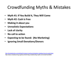 Crowdfunding Myths & Mistakes
• Myth #1: If You Build It, They Will Come
• Myth #2: Cash is Free
• Making it about you
• Unrealistic Expectations
• Lack of clarity
• No call to action
• Expecting to be found: (No Marketing)
• Ignoring Small Donations/Donors
http://kickstartershq.com/articles/5-project-crushing-kickstarter-mistakes-how-to-avoid-them
http://www.crowdsourcing.org/document/3-big-crowdfunding-myths-via-funderhut/23804
 