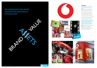 Vodafone
                                           Creating a Global Icon

       We understand the vital role that   Task: Create a compelling and
                                           ownable identity to help facilitate
                                           the plans for global expansion.
       powerful brand equity plays as      The creation and management

       a business asset                    of this distinctive brand identity
                                           has contributed significantly to the
                                           world-wide success of Vodafone.
                                           Our Creative Director, Gary Broadbent
                                           was personally responsible for its
                                           creation and implementation.
                                           Vodafone has become the world’s
                                           largest mobile telecommunications
                                           network company (based on
                                           revenue) and has a market value
                                           of $71.2 billion (November 09).
                                           Scope: Strategy, Naming, Architecture,
                                           Identity Creation, Acquisition
                                           Strategy, Environments, Event
                                           Branding, Sponsorship, Collateral
                                           and Brand Management.




Copyright © Propella Pty Ltd 2010
 