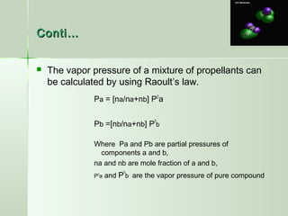 Conti…Conti…
 The vapor pressure of a mixture of propellants can
be calculated by using Raoult’s law.
Pa = [na/na+nb] PO
a
Pb =[nb/na+nb] P
o
b
Where Pa and Pb are partial pressures of
components a and b,
na and nb are mole fraction of a and b,
PO
a and P
o
b are the vapor pressure of pure compound
 